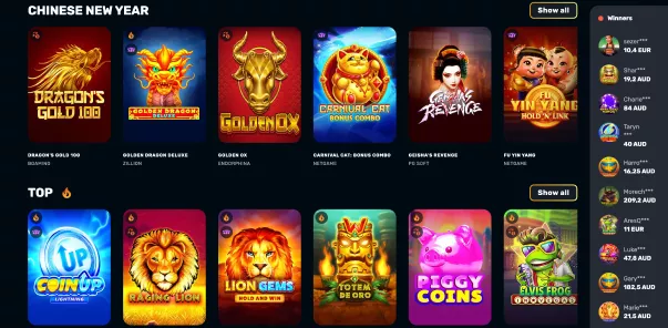 Main screen of the RocketPlay Casino mobile app